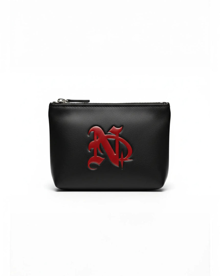 Black leather zip pouch with a red gothic monogram, the pouch every piece arrives in