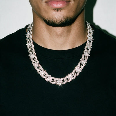 Silver 15MM Flora Fatale cuban chain worn over a black tee