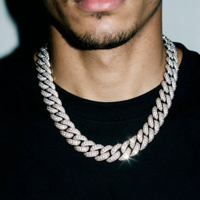 Silver 18MM double row micro pave cuban chain worn over a black tee