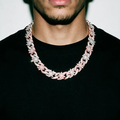 Rose gold 15MM Flora Fatale cuban chain worn over a black tee