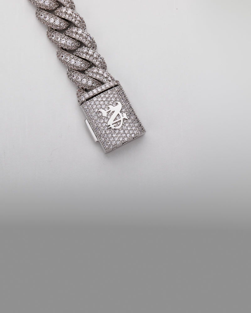 The clasp of the silver 18MM Double Row Micro Pave Cuban chain, showing the monogram